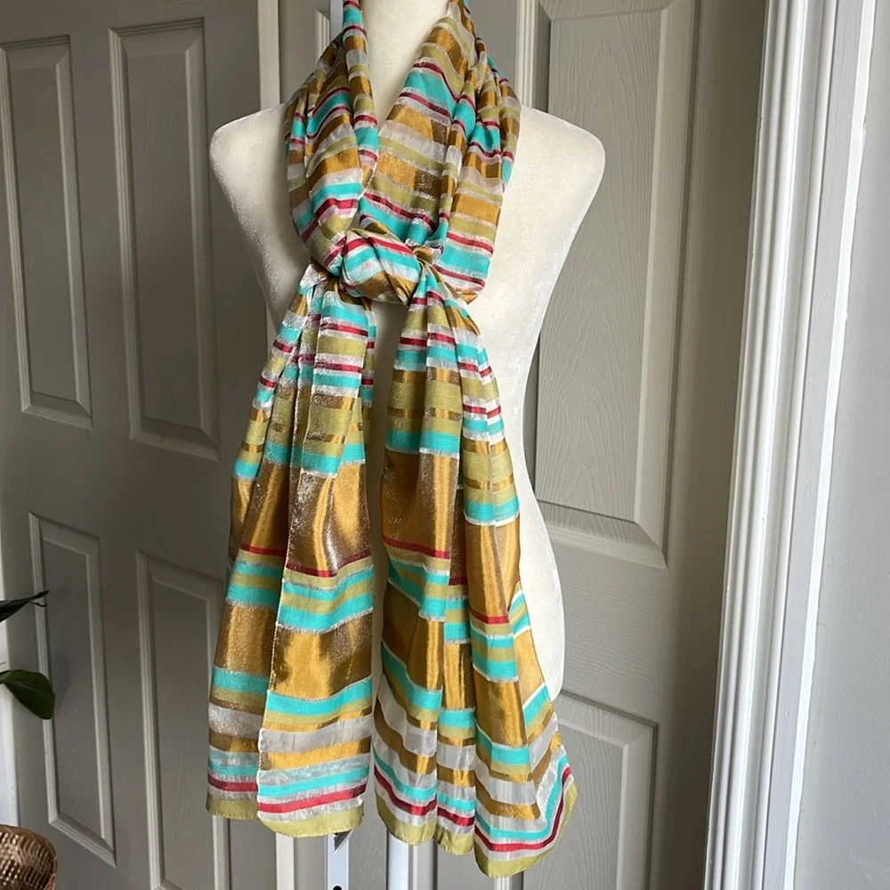 Italian Striped Metallic Holographic Oversized Cotton Blend Scarf